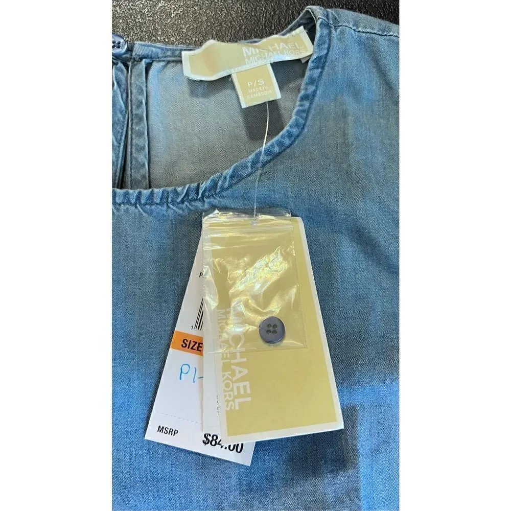 Michael Kors Women's Keyhole Back Short Sleeve Top Blue Sz Petites P/S NWT P1-87